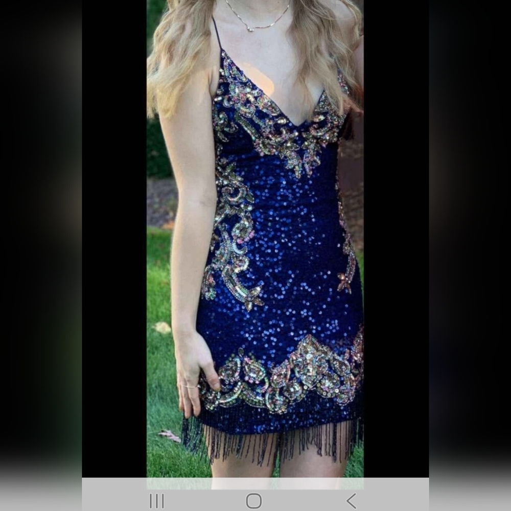Elegant Blue Semiformal Sequin Dress With Fringe Size 8 With Corset Down To Sz 4